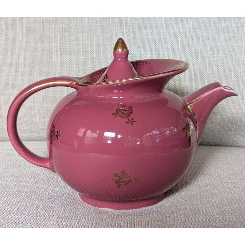Vintage Hall China 0694 6 cup Teapot Mauve Rose Pink With Gold Trim/Flowers